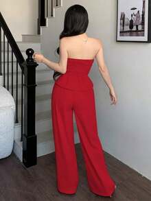 de 2 piezas de top de tirantes con volantes morado y pantalones de pierna ancha para mujer, elegante y de moda, adecuado para la oficina, el transporte, el estilo retro, fiestas, citas, el Día de San Valentín, uso en primavera/verano - Rojo - Ver 2