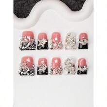 10Pcs Handmade Y2K-Style Duck Mouth Nail Tips, Nude & Black Colors With French Tip, Crystal, Snake, Flower, Planet, Star Elements, Suitable For Parties, Balls, Daily Wear, Unisex For Women & Girls, Comes With Accessories, Great Gift Press On Nails Nail Supplies Nails Handmade Press On Nails - Nhiều màu - Xem 2