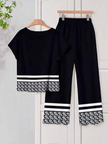 Set de 2 piezas de top de cuello redondo holgado y pantalones de pierna ancha para mujer, conjunto versátil casual para primavera/otoño, conjunto de pantalones y top casual para vacaciones - Blanco y Negro - Ver 2