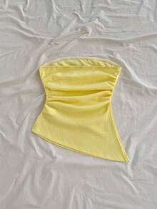 Top tubo de mujer para vacaciones color rosa claro vintage con bajo asimétrico, abertura lateral fruncida, ajustado, sexy para fiesta, cita de San Valentín, té de la tarde, vacaciones urbanas - Amarillo - Ver 2