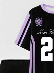 Conjunto de camiseta y pantalones cortos de ciclista con estampado gráfico de número 13 y eslogan, de moda casual para mujer - Multicolor 5 - Ver 5