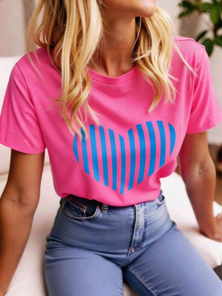 Camiseta Casual Versátil de Manga Corta con Cuello Redondo y Estampado de Corazones para Mujer, Primavera/Verano - Rosa intenso 2 - Ver 1