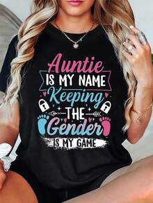 Plus Size - Plus Size - Drtidara Women's Plus Size Graphic T-Shirt | Auntie Is My Name, Keeping Gender Is My Game Auntie Sy Design With Padlock And Paw Print - Casual Crew Neck, Machine Washable, Women's Spring Summer Top - 黑色 - 查看 1