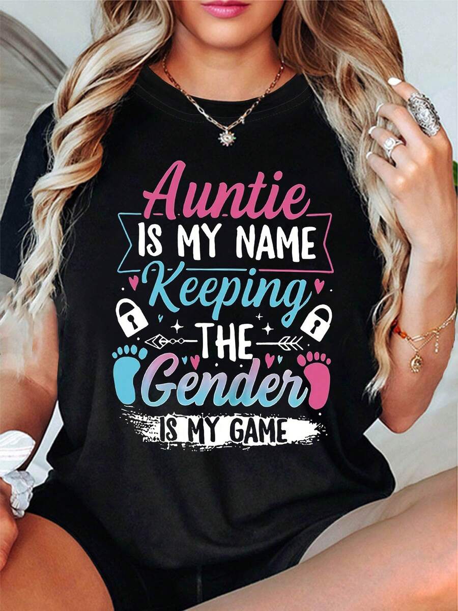Plus Size - Plus Size - Drtidara Women's Plus Size Graphic T-Shirt | Auntie Is My Name, Keeping Gender Is My Game Auntie Sy Design With Padlock And Paw Print - Casual Crew Neck, Machine Washable, Women's Spring Summer Top - 黑色 - 查看 1