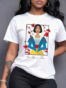 Colorful Portrait Of A Woman Holding An Apple Surrounded By Red Flowers, Symbolizing Purity, Hope, And Inner Feminine Strength. Casual, Comfortable, And Modern Women's T-Shirt, Short Sleeves. - 白色 - 查看 7