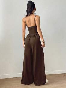 Tuta intera arricciata con scollo all'americana e gamba larga, tuta nera casual senza maniche per donna, abbigliamento estivo basic da strada. - Caffè Marrone - Visualizzare 2