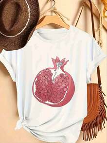 Camiseta de mujer, camiseta de manga corta con cuello redondo para mujer a la moda, de punto de poliéster, serie de estilo casual, para todas las estaciones, diseño colorido con un estampado de granadas. - Blanco - Ver 6