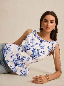 Blusa de cuadros verdes con cuello redondo, cintura con lazo y volantes en el bajo, hombros con lazo, para verano, tops de mujer, tops de verano, tops de concierto, tops de playa, tops con volantes, tops con lazo delantero, tops bohemios, tops de - azul real - Ver 7