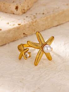 1pc Summer Ocean Style Double Starfish & Pearl Open Ring, 18K Gold Plated Stainless Steel Band, Vacation Versatile Accessory, Beach Trip & Daily Wear Gift - Yellow Gold - View 9