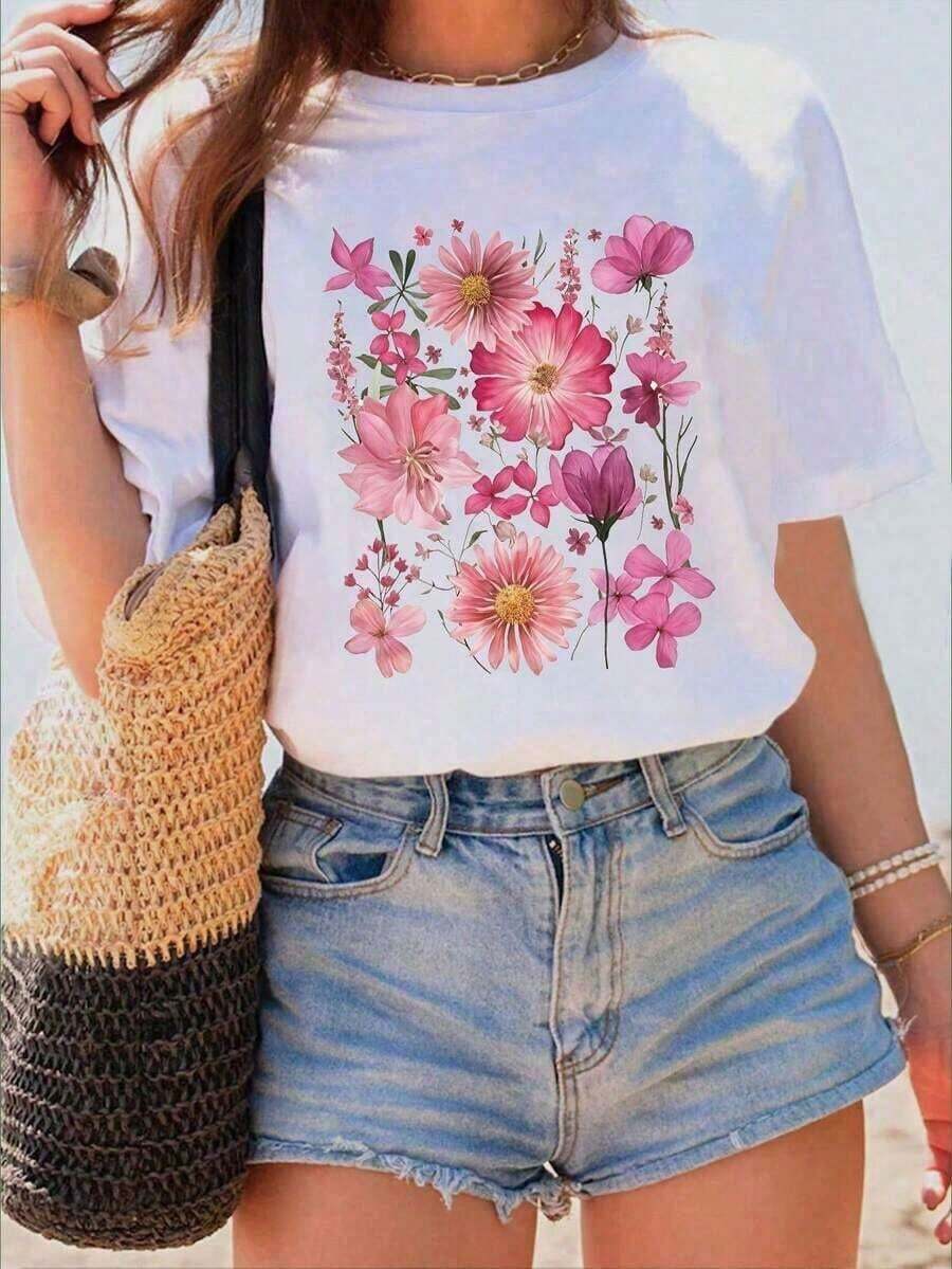 Camisetas de algodón 100% con estampado floral para mujer, de color sólido, cuello redondo, manga corta, estilo sencillo y holgado, ideales para el uso diario en verano. Camisetas casuales de verano para mujer, tallas S-7XL, perfectas para todo tipo de cuerpos, ideales para citas, actividades al aire libre y uso casual, con un estilo clásico americano.Transpirable y cómodo - Blanco - Ver 1