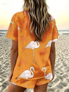 Casual Spring And Summer Womens Clothing Printed Short Sleeved Shirt Shorts Set Flamingo Pattern Sleeve Shirt Set Beach Vacation Holiday Gift For Her - 彩色 - 查看 3