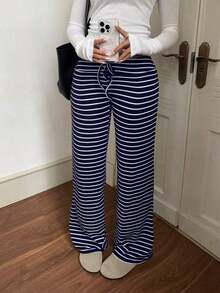 Pantalones deportivos de mujer de tiro bajo a rayas con cordón para la cintura, pantalones anchos de yoga/para el hogar, otoño/invierno - Azul y blanco - Ver 4