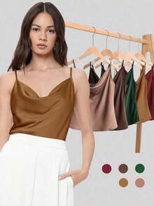Top de satén sin mangas para mujer, elegante y romántica de unicolor, para uso casual y de negocios, adecuada para oficina, diario, otoño - Amarillo - Ver 9