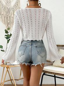 Cárdigan de punto calado de color liso casual para vacaciones - Blanco - Ver 2