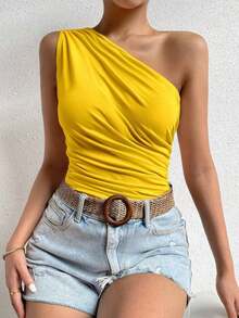 Parte superior de un solo hombro con plisado de unicolor informal de verano para mujer - Amarillo - Ver 6