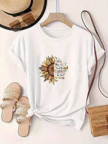 Una camiseta blanca de manga corta y cuello redondo con estampados de girasoles y mariposas, ligeramente holgada, esencial para vacaciones casuales, lavable a máquina pero no apta para limpieza en seco, hecha de tela, adecuada para todas las estaciones - [Blanco] - Ver 2