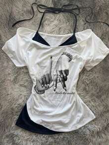 Camiseta de mujer casual de cuello en V retro, con atar, de manga corta y contraste de color, adecuada para el verano - Multicolor 4 - Ver 3