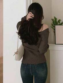 Blusa casual de mujer de punto acanalado con botones y manga corta - Café integral - Ver 2