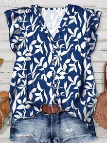 Camisa de mujer casual y minimalista con estampado botánico, adecuada para el verano - Azul y blanco 2 - Ver 1