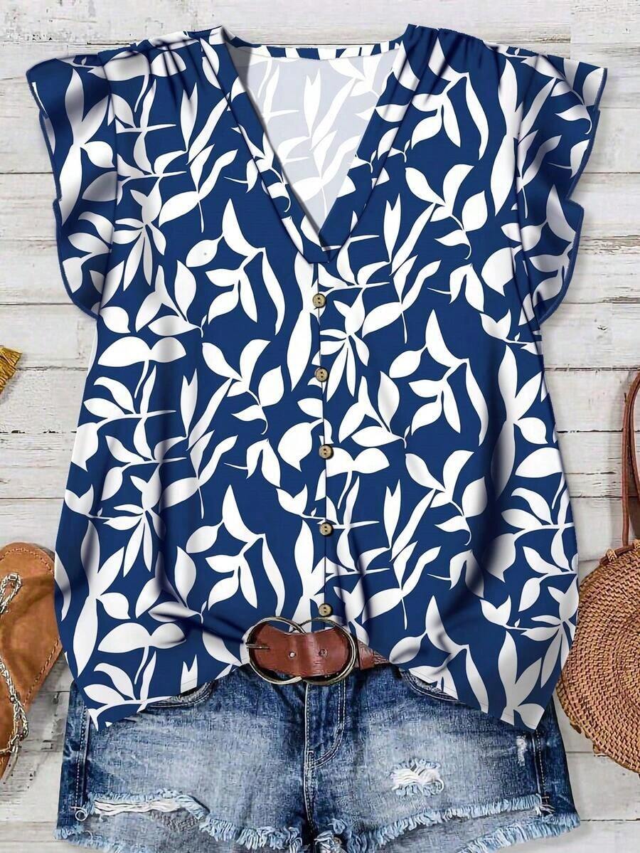 Camisa de mujer casual y minimalista con estampado botánico, adecuada para el verano - Azul y blanco 2 - Ver 1