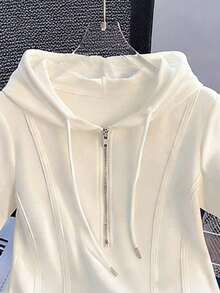 Camiseta con capucha y cremallera asimétrica de manga corta, nueva diseño de top casual para primavera/verano - Blanco 2 - Ver 3