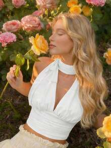 Blusa elegante y chic de unicolor con cuello plisado y recortado, ajustada, para el verano - Blanco - Ver 2