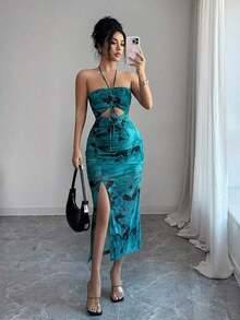 Vestido largo de mujer con cuello de halter, plisado y estampado de malla - Multicolor - Ver 6