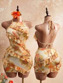 2026 Nuevo vestido de mujer con escote sexy, estampado floral y cuello halter, con diseño de volantes en el borde, estilo Y2K revival, estilo dulce y picante, look de vacaciones, para adultos jóvenes, tela transparente, ajuste ceñido, ligero.Adec - Amarillo claro - Ver 8