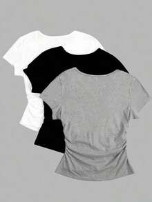 Set de 3 camisetas de mujer de manga corta, cuello redondo, unicolor, con detalle de volantes y estampado de mariposa, de estilo casual y slim para el verano - Multicolor 3 - Ver 2