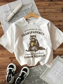 Short-Sleeved T-Shirt With Round Neck And Hand-Drawn Raccoon Style "IN THE INTEREST" Letter Print - White - View 1