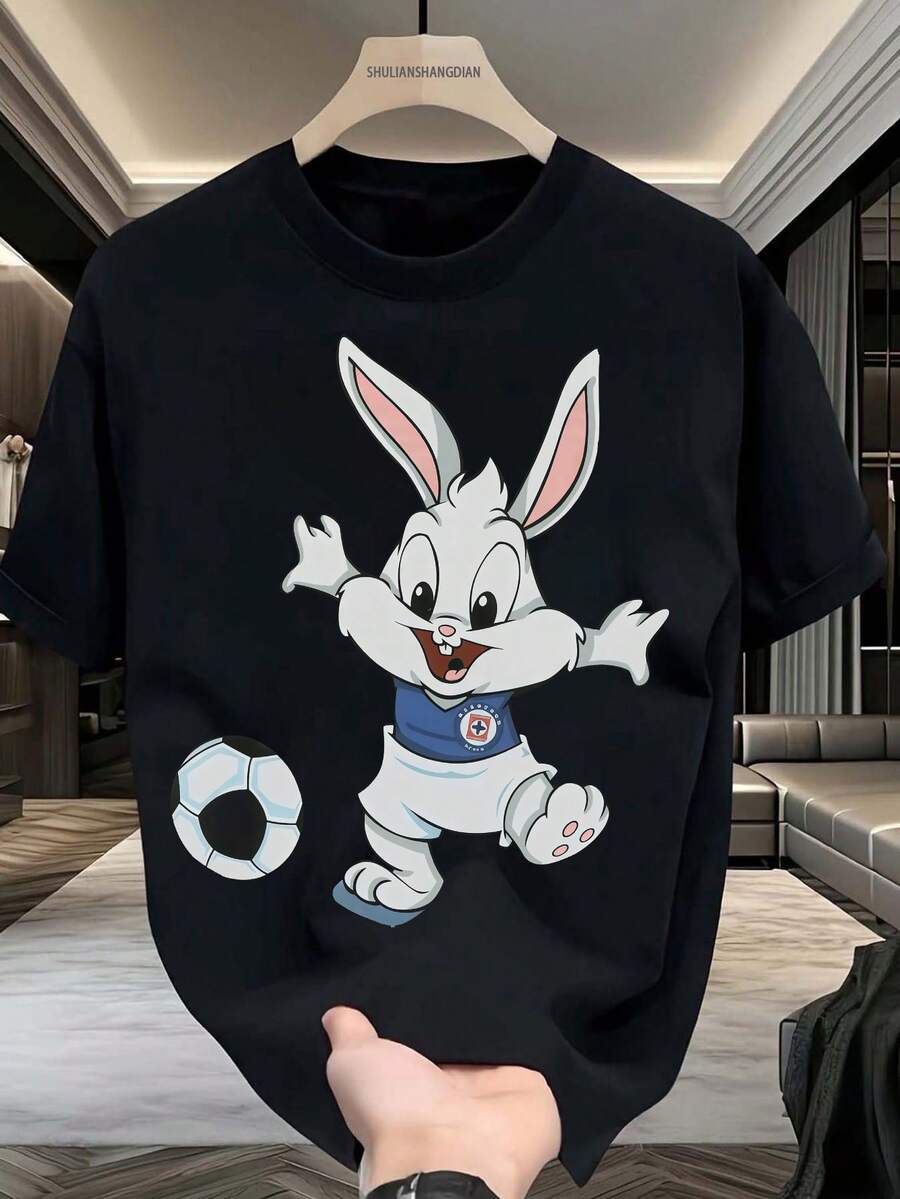 Sports T-Shirt, Blue T-Shirt With Rabbit - 100% Soft And Comfortable, Short Sleeve, Round Neck, Summer T-Shirt, Custom Design T-Shirt, Casual And Versatile, For Outdoor Sports, Travel And Meetings, Fishing, Golf T-Shirt, Ideal 's Day, Sets And Gifts For Sports Fans, Fashion And. - 黑色 - 查看 1