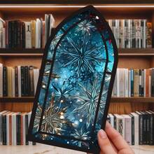 Gothic Snowflake Stained Glass Wooden Bookend, Winter Blue Window Design Book Organizer, Home Decor For Christmas & Book Lovers - A - View 5
