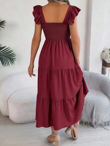 Nuevo vestido midi de unicolor con cuello cuadrado, casual, con espalda descubierta, volantes y sin mangas, color caqui, elegante para primavera/verano - Burdeos - Ver 2