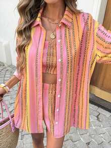 Conjunto de dos piezas de mujer en tela tejida color caqui: Top corto casual con cuello y pantalones cortos con mangas a la muñeca y detalles de bolsillo, para vacaciones - Multicolor - Ver 4