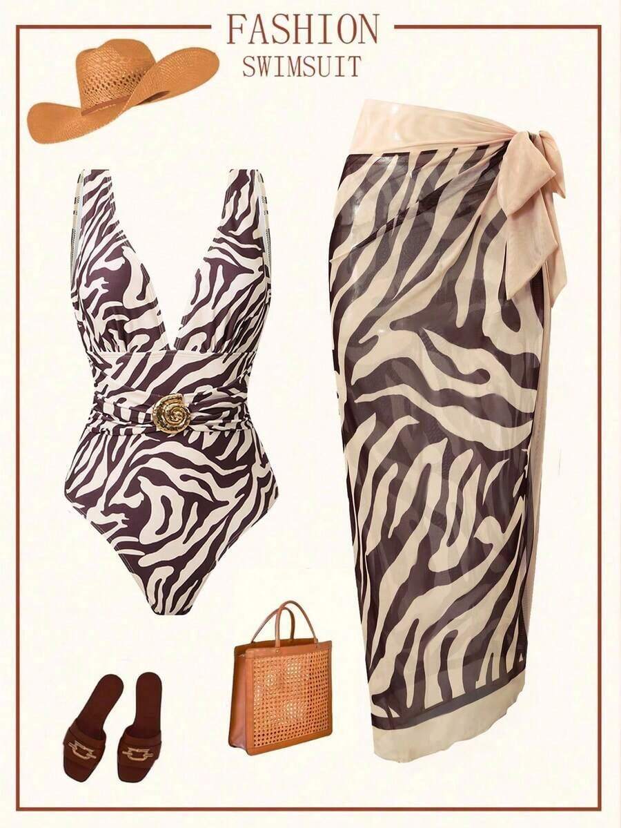 Swim Oasis Set de 2 piezas que incluye 1 traje de baño entero de un solo color y 1 falda larga de malla para playa, verano y vacaciones - Multicolor 2 - Ver 1