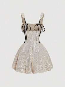 MOD Vestido de fiesta con lentejuelas de color albaricoque para mujer, sin mangas, corto y con diseño ajustado y acampanado, vestido con lentejuelas plateadas - Burdeos - Ver 6