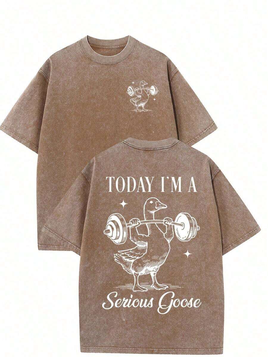 Men's Graphic T-Shirt "Today I'm A Serious Goose" - 230 G/M² Heavyweight Fabric, 100% Cotton, Relaxed Fit, Vintage Washed Style With Double-Sided Print, Drop Shoulder Design And Ribbed Collar For Urban Casual Wear, All-Season Garment. | Fun Goose Print | Durable Casual Wear, Vintage T-Shirts (Retro Style, Thick Fabric, Unisex) - 咖啡棕 - 查看 1