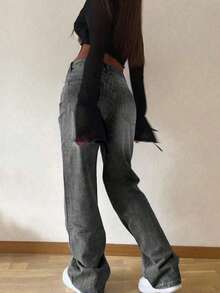 Jeans rectos holgados y apilados de estilo vintage para mujer, casuales para primavera - Gris - Ver 4