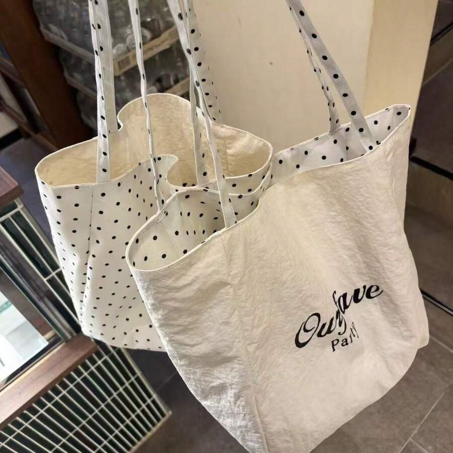 2合1可翻面托特包 波點/純色字母印花帆布單肩包 輕便通勤包
