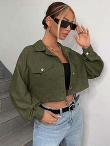 Chaqueta corta de pana con detalle de solapa en el hombro para otoño/invierno - Verde militar - Ver 5