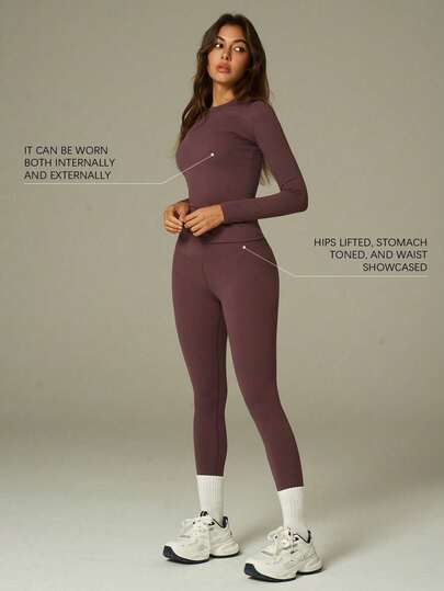 UONNOU 2pcs Women's Sports Long Sleeve Top + Leggings Shapewear Set, Activewear, Casual Wear, Compression Wear, Round Neck, Long Sleeve, Waist Cinching, Tummy Control, Sports Long Sleeve T-Shirt, Butt Lifting Leg Shaping, Can Be Worn Inwardly Or Outwardly, Soft And Comfortable Fabric, Skin-Friendly, Sports Shaping Leggings, Suitable For Outdoor Sports, Indoor, Outdoor, Yoga, Gym, Workout, Running, Home, Daily Casual, Commuting, Street, Party, Holiday, Fashionable Sports Set, All Season, Spring/Autumn