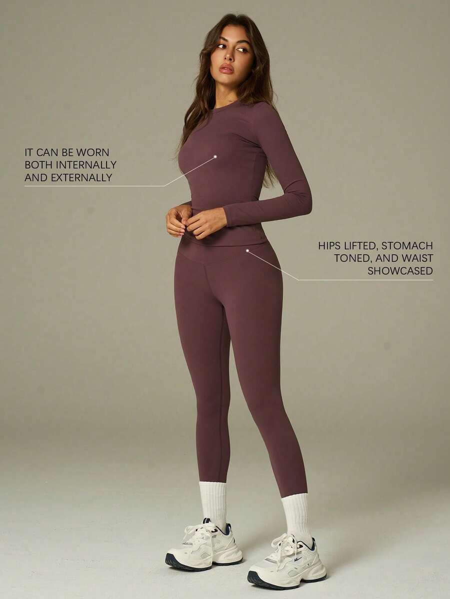 UONNOU Setelan Yoga 2 Potong Slim Fit yang Nyaman | Atasan Lengan Panjang + Legging Pinggang Tinggi Cocok untuk Aktivitas Sehari-hari