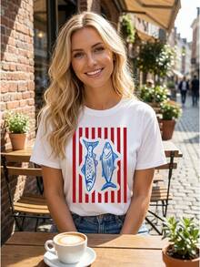 Camiseta de algodón puro para mujer, top divertido de manga corta con estampado, combinación de colores rojo y azul vintage con estampado de doble pez, camiseta casual. - Blanco - Ver 1