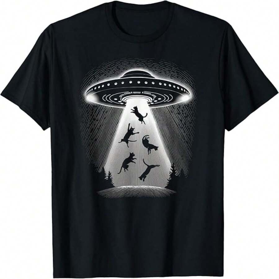 Casual Women's Black Cotton Round Neck Short Sleeve T-Shirt with Alien Cat Print - Negro - Ver 1