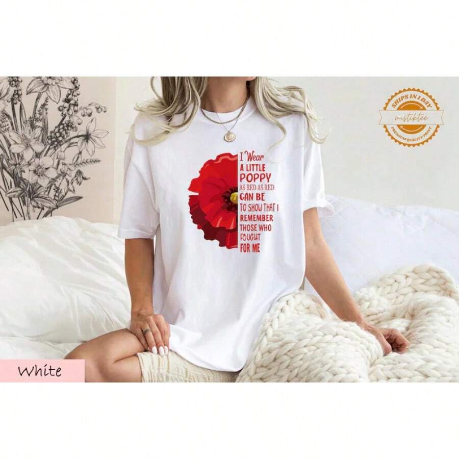 Camiseta "I Wear A Little Poppy", Camiseta "Red Friday" de , Camiseta "Red Poppy Memorial Day", Regalo para Veteranos, blusas para mujer>camisa blusas para dama - Blanco - Ver 1