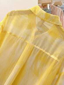 Camisa de protección solar con efecto tie-dye dulce para mujer, de cuello de solapa y manga larga, informal para exteriores/vacaciones, holgada, transpirable y ligera, estilo camisa, color rosa, para primavera/verano - Amarillo - Ver 7
