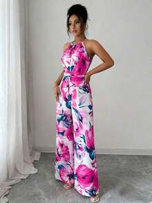 Mono con cintura entallada de tela estampada para mujer, elegante para vacaciones y uso diario con cuello de halter - Multicolor 4 - Ver 5