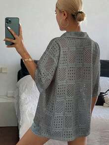 Women's Short-Sleeved Polo Shirt, Loose Fit, Textured And Openwork Fabric, For Summer - 淺灰色 - 查看 6