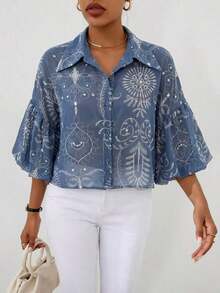 Camisa de manga abullonada con estampado floral en todo el diseño - Azul - Ver 4