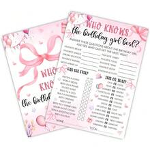 Bộ thẻ trò chơi "Ai là cô bé sinh nhật?" màu hồng, kích thước 4"x6", phụ kiện tiệc ngủ cho bé gái chủ đề nơ hồng, ý tưởng trò chơi đêm sinh nhật, 40 thẻ/bộ. - Nhiều màu - Xem 1